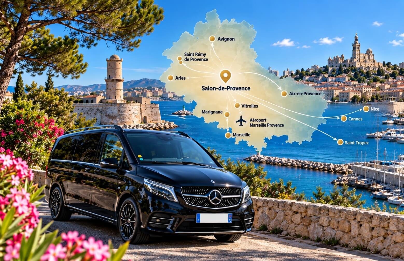 Mercedes Classe V avec carte des transferts VTC depuis Salon-de-Provence vers Marseille, Aix-en-Provence, Avignon et la Côte d'Azur